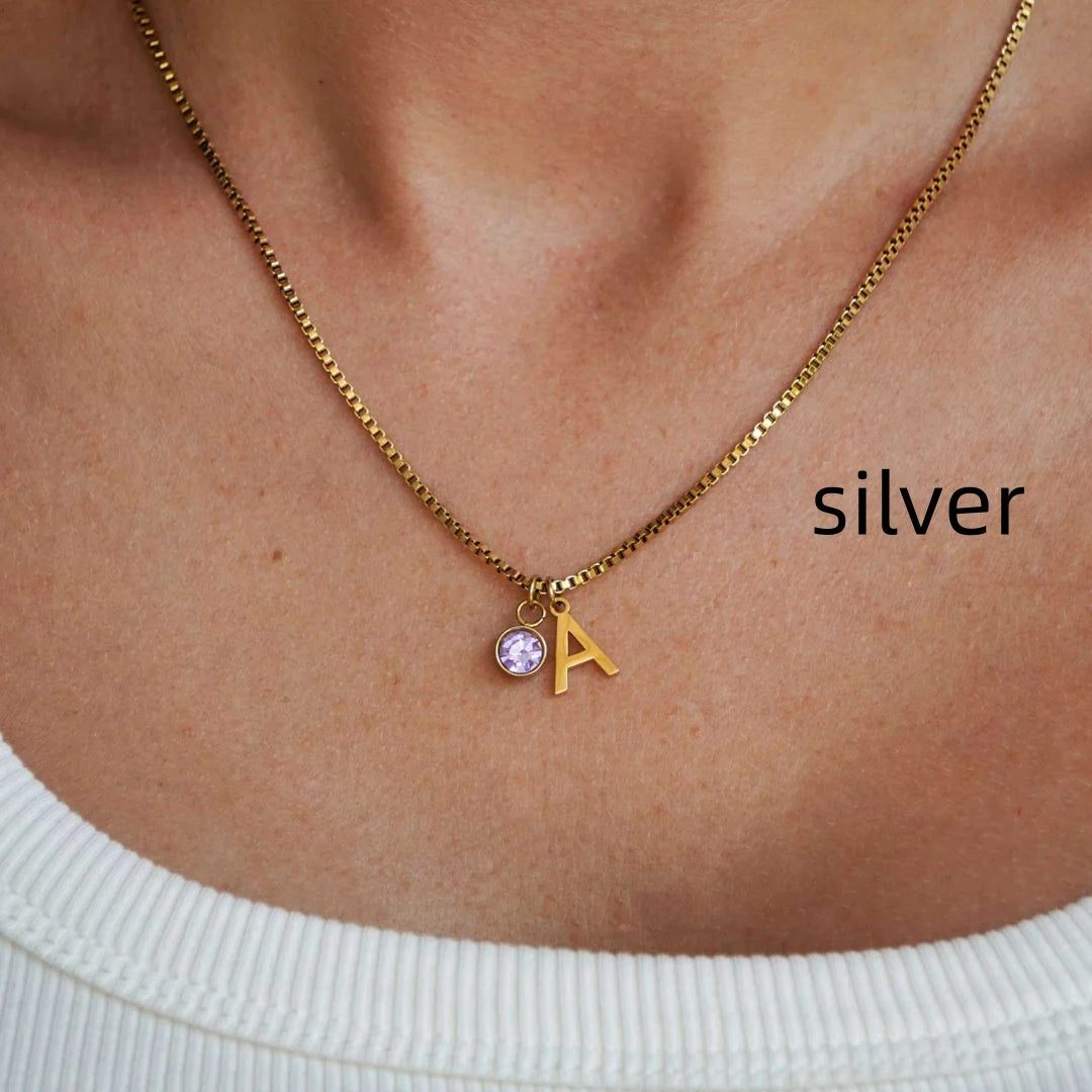 Stainless Steel Birthstone First Letter Necklace