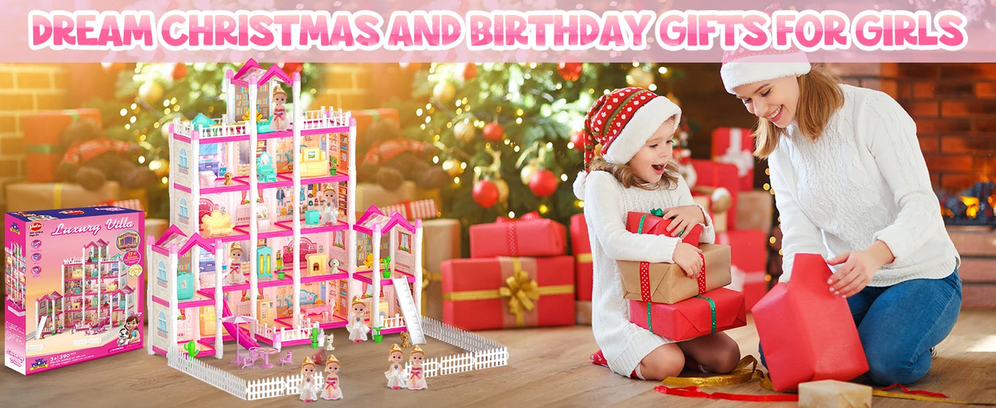 VATOS Pink Dollhouse for Girls 5 Story 17 Rooms Luxury DIY Play Light-up Building House Dolls Toy Dream Christmas Birthday Gifts