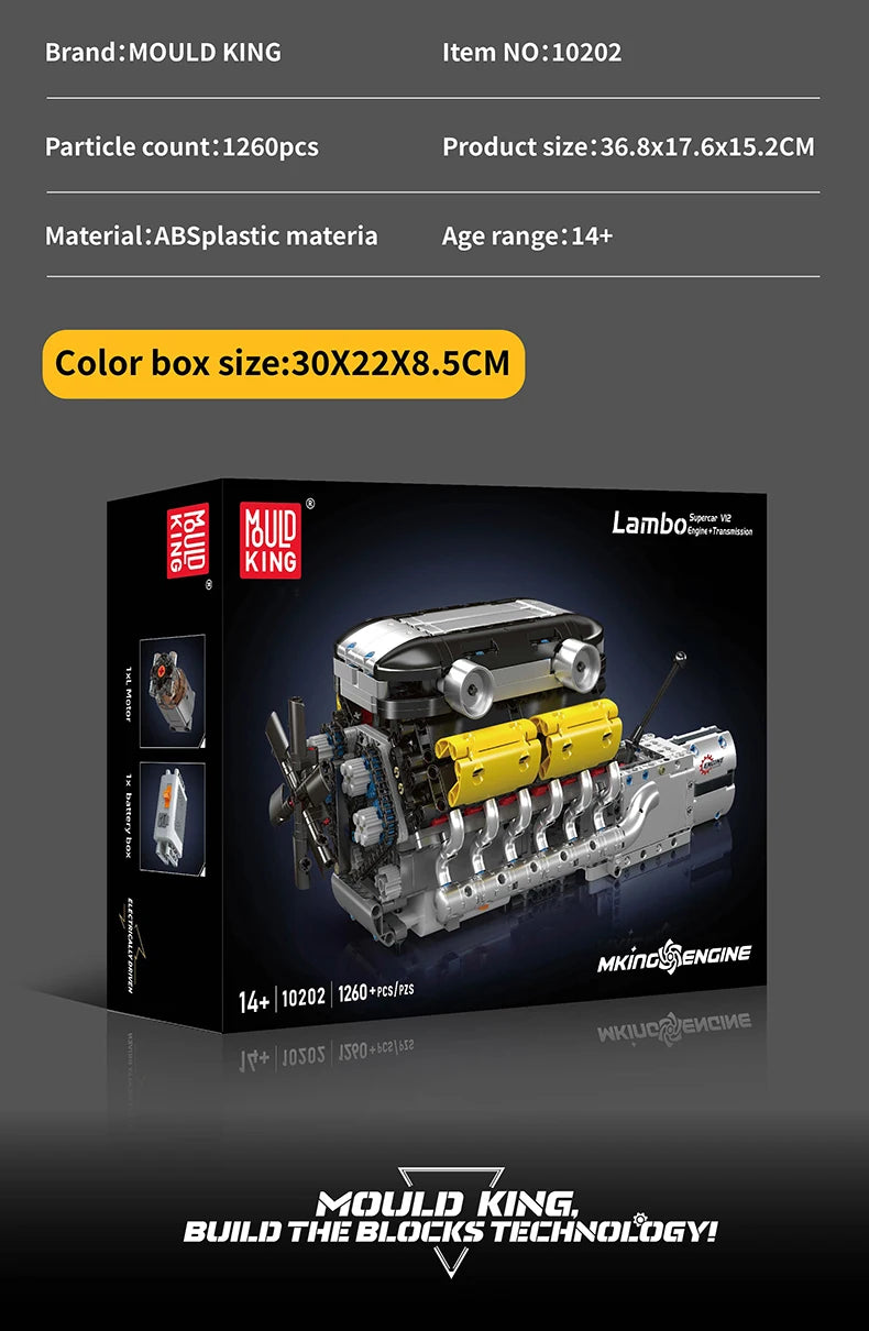 Mould King 10202 The Supercar V12 Engine + Transmission Building Block Set Technical Car Engine Brick Toys Kids Christmas Gift
