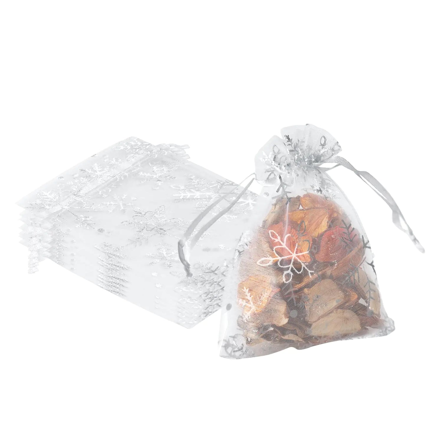 YHJZ 50PCS Snowflake Organza Bags Christmas 4x6 inches Small Christmas Gift bags with Drawstring Mesh Bags for Christmas Gift (White Christmas)