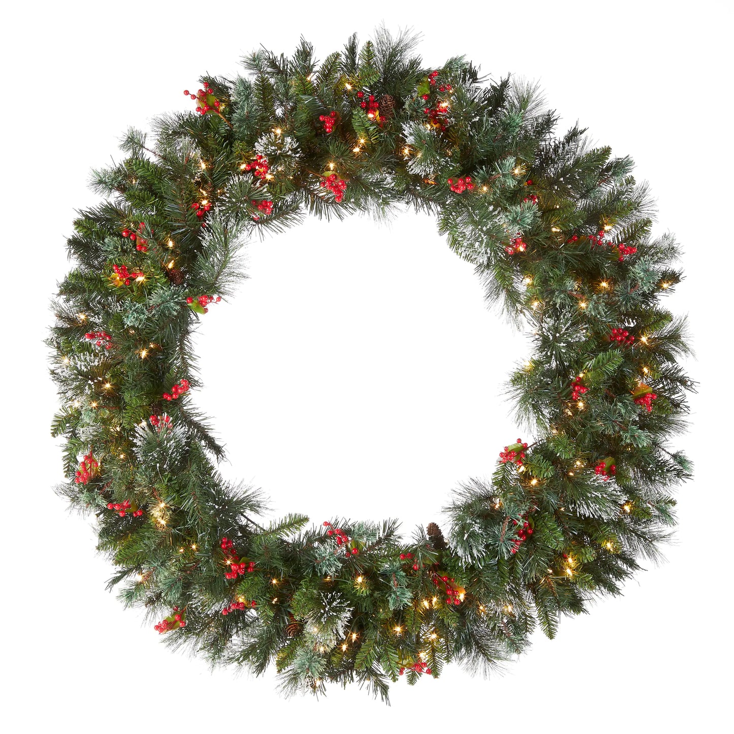 National Tree Company Pre-Lit Artificial Christmas Wreath Green Wintry Pine White Lights Decorated with Pine Cones Berry Clusters Frosted Branches Christmas Collection 48 Inches
