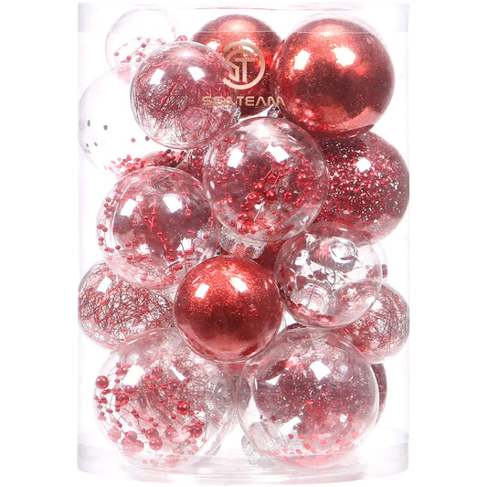 Sea Team 50mm/1.97" Shatterproof Clear Plastic Christmas Tree Ball Ornaments Set Decorative Hanging Transparent Xmas Baubles with Stuffed Delicate Decorations (30 Counts Red)