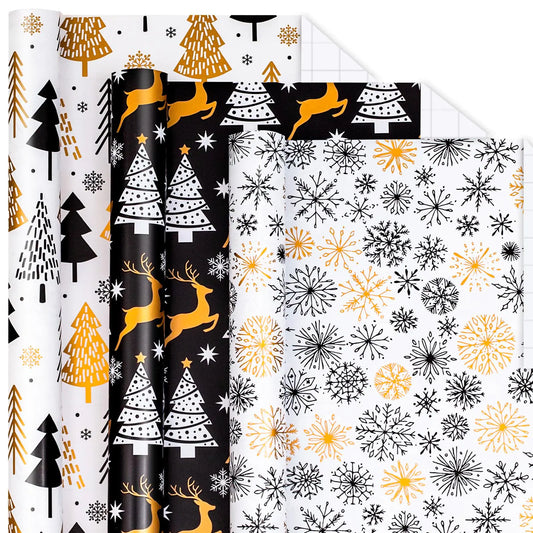 Homeral Christmas Wrapping Paper Roll - Gold Printed Christmas Snowflake Reindeer for Christmas New Year Celebration - 3 Rolls - 17 x 120 Inch Per Roll
