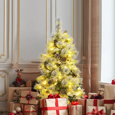 4FT Pre Lit Spruce Snow Flocked Christmas Tree With Pine Cones, Artificial Xmas Tree With 170 Branch Tips,Mixed PE  PVC Branches, 120 Multi-Color LED Lights,