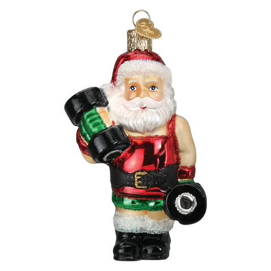Traditional Santa Bodybuilder Glass Ornament