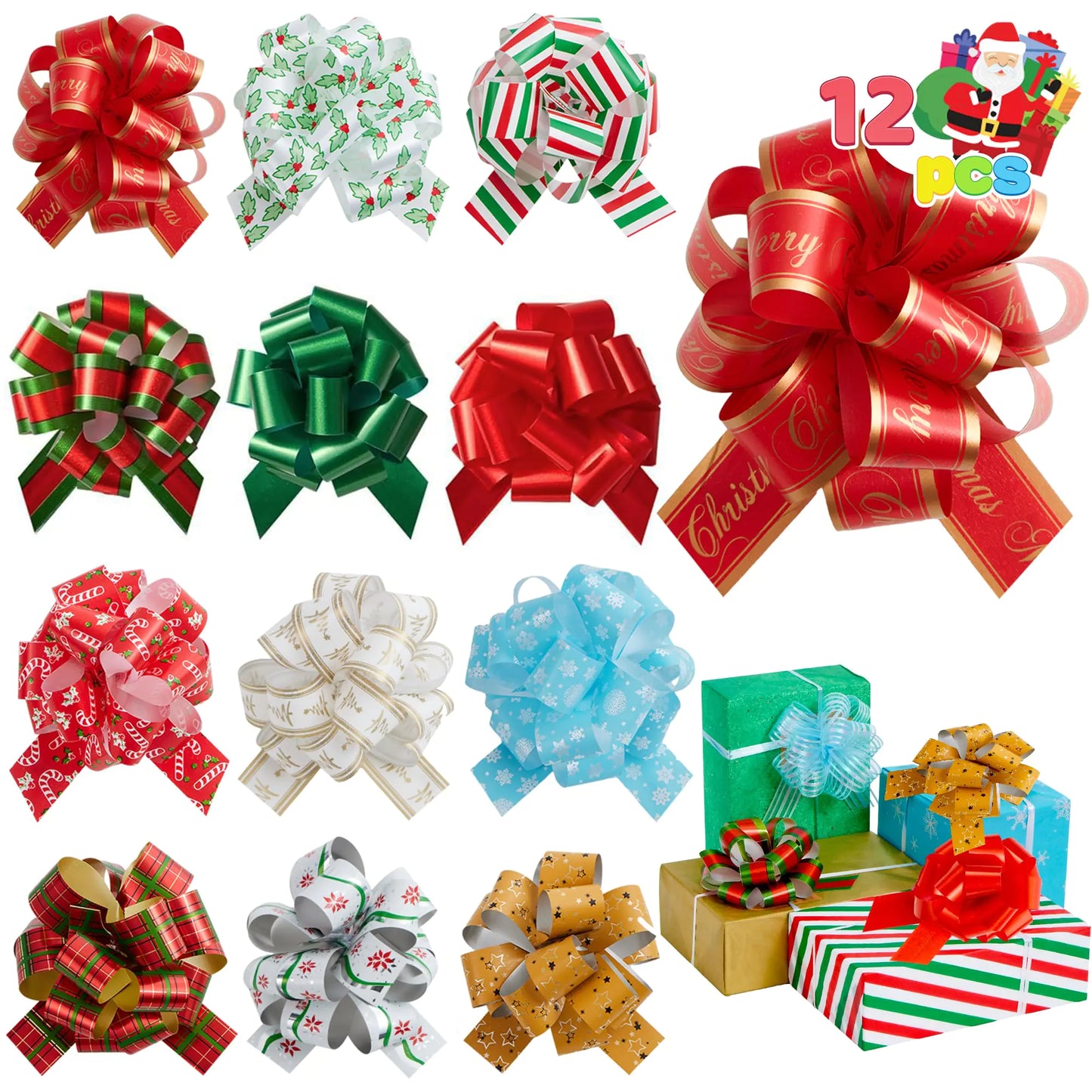 JOYIN 12 Festive Christmas Pull Bows with 5" Ribbons