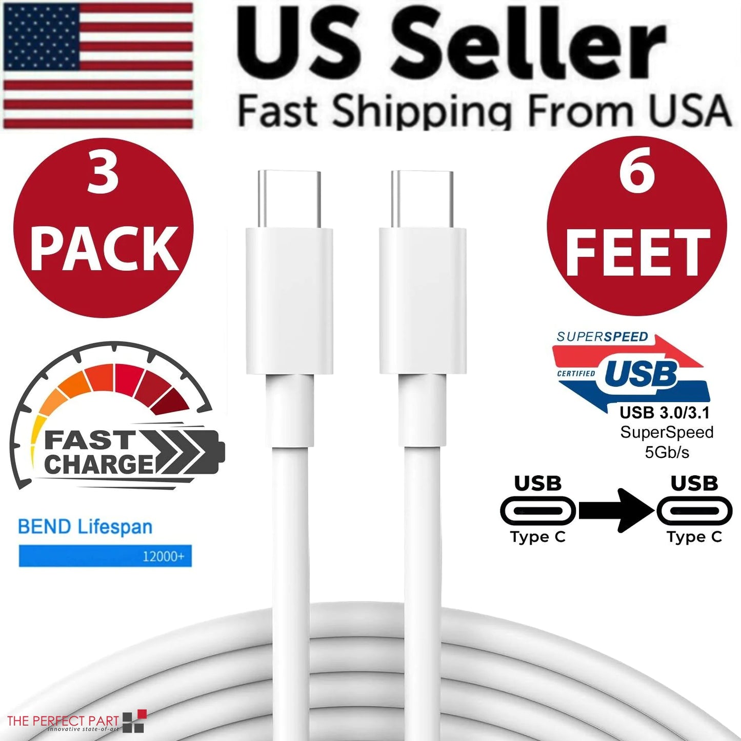 3x 6FT USB-C Fast Charging Type C Cables