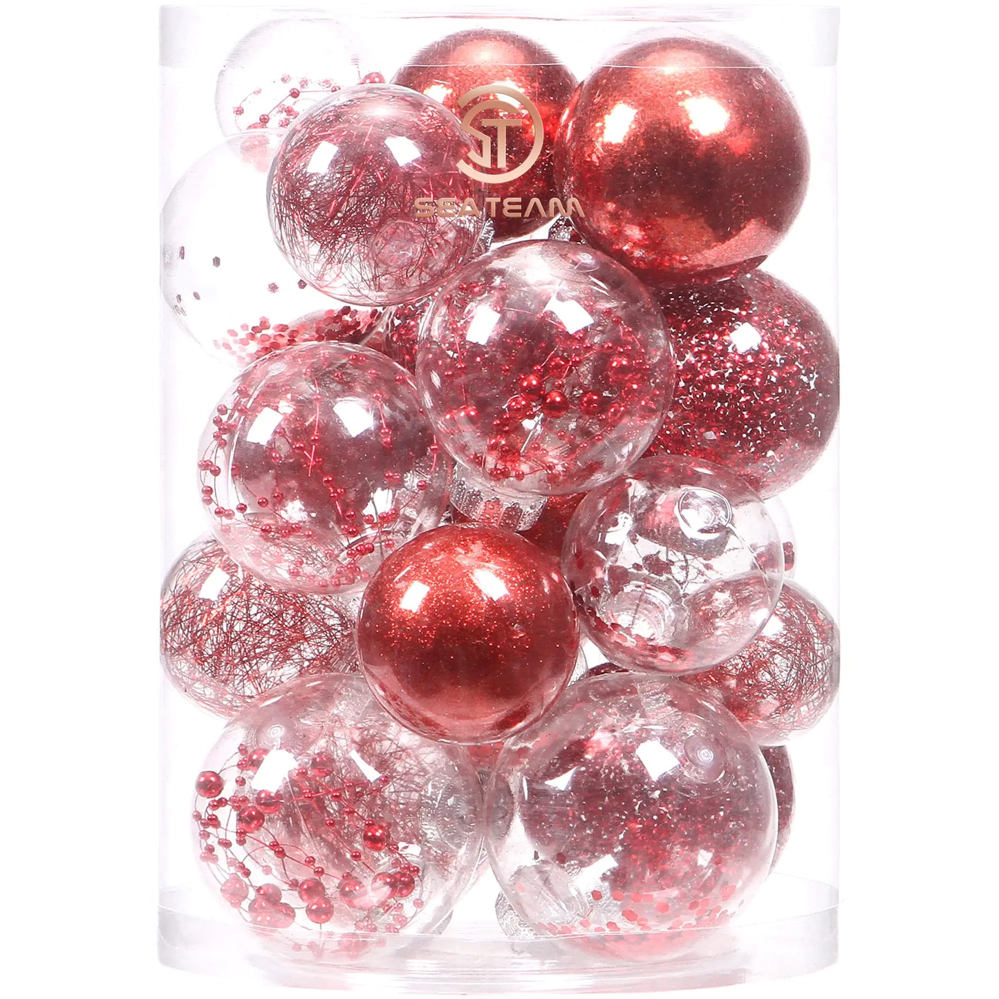 Sea Team 50mm/1.97" Shatterproof Clear Plastic Christmas Tree Ball Ornaments Set Decorative Hanging Transparent Xmas Baubles with Stuffed Delicate Decorations (30 Counts Red)