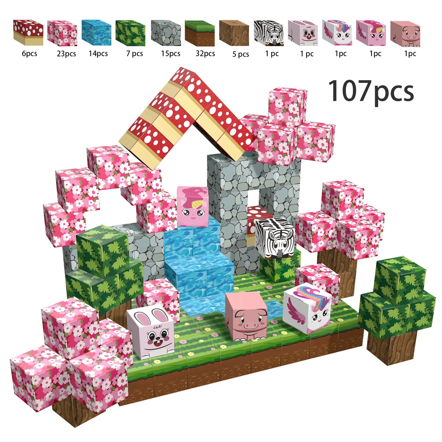 107PCS Sakura Magnetic Building Blocks Set with Cute Animals, Cherry Blossom Themed STEM Toys for Kids Ages 3-8, Educational Con