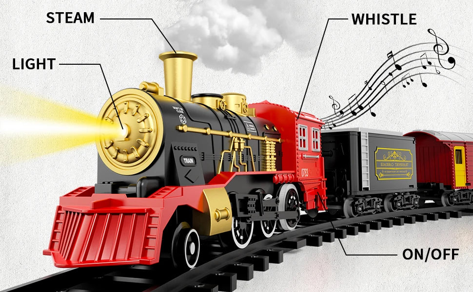 Electric Train Set for Kids Boys and Girls, Classic Christmas Train Toys, Steam Locomotive Engine, Lights & Sound, Tracks