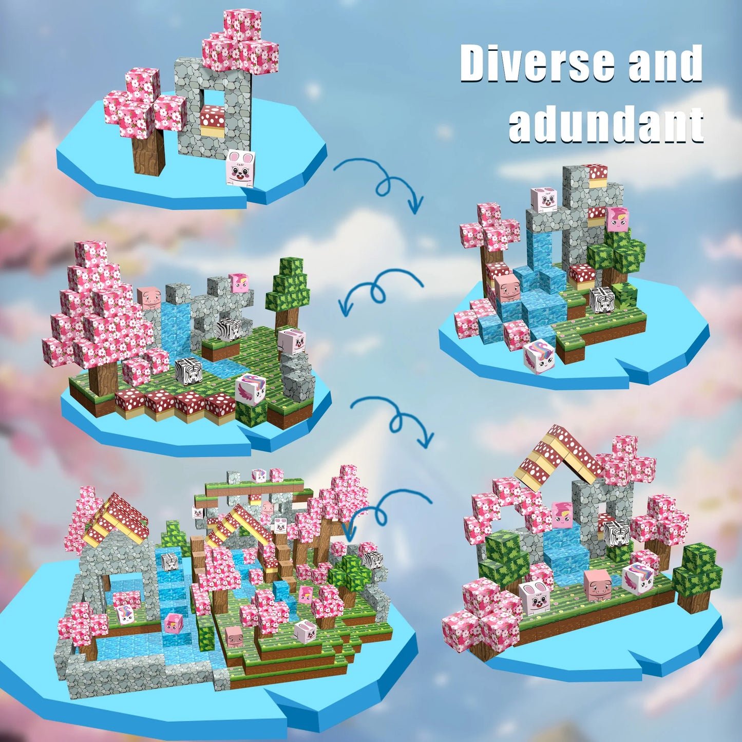 107PCS Sakura Magnetic Building Blocks Set with Cute Animals, Cherry Blossom Themed STEM Toys for Kids Ages 3-8, Educational Con