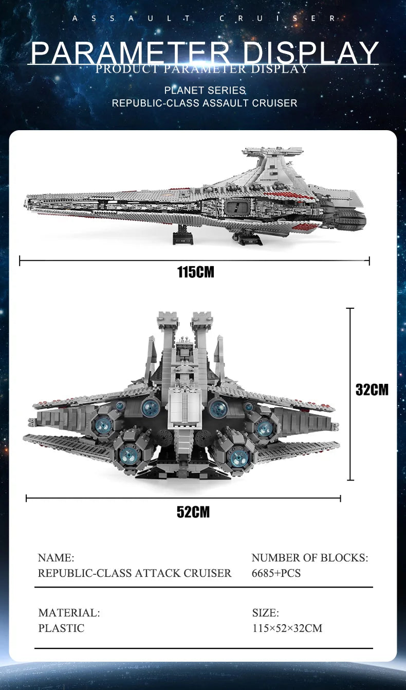 Mould King 21005 Star Plan Toys The MOC-0694 Republic Attack Cruiser Building Block MOC Starship Brick Set Kids Christmas Gift