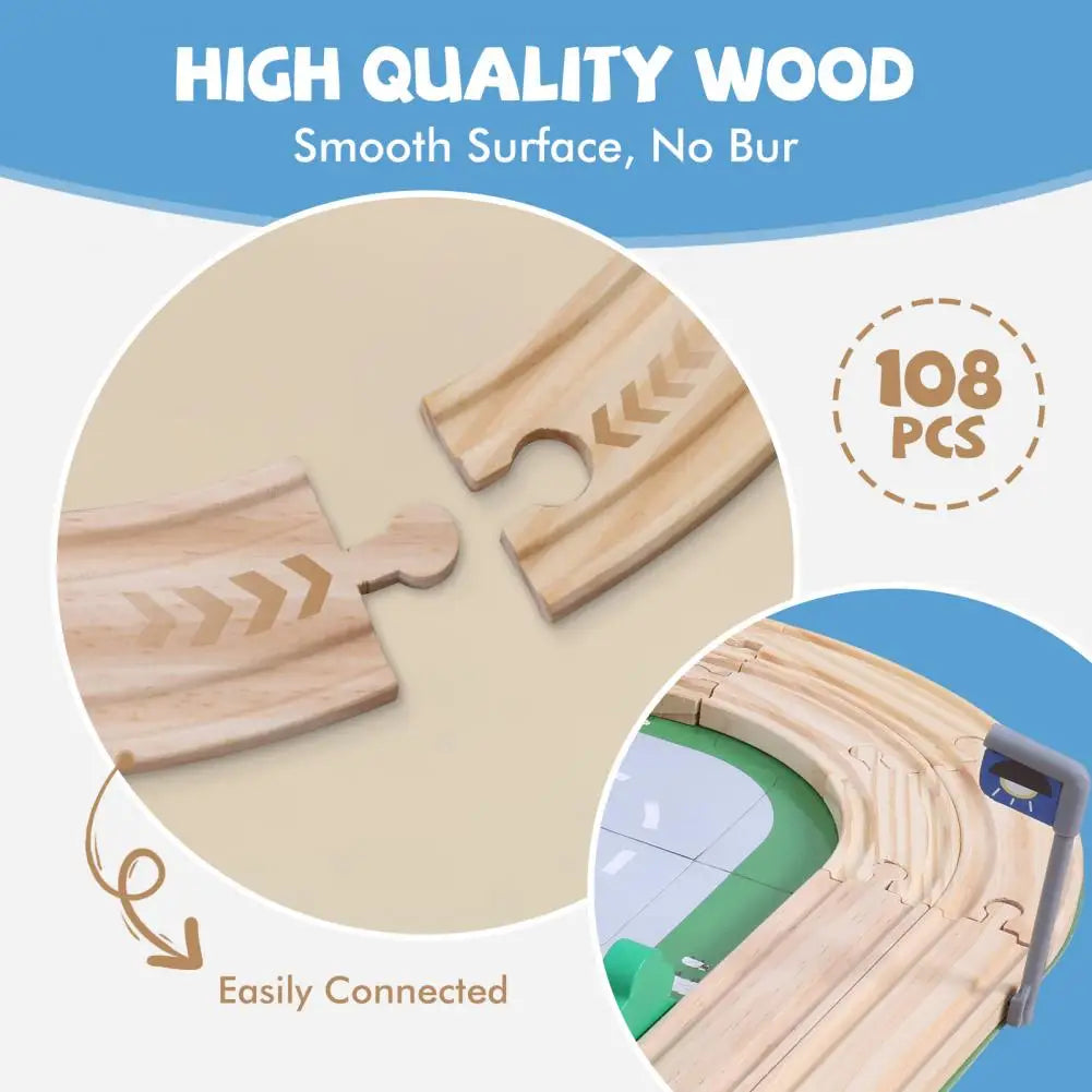 108 Pcs Kids Road Train Track Toy Set, Easily Connected Different Tracks Railway Toys, Polished Wooden Children Train Toy for En