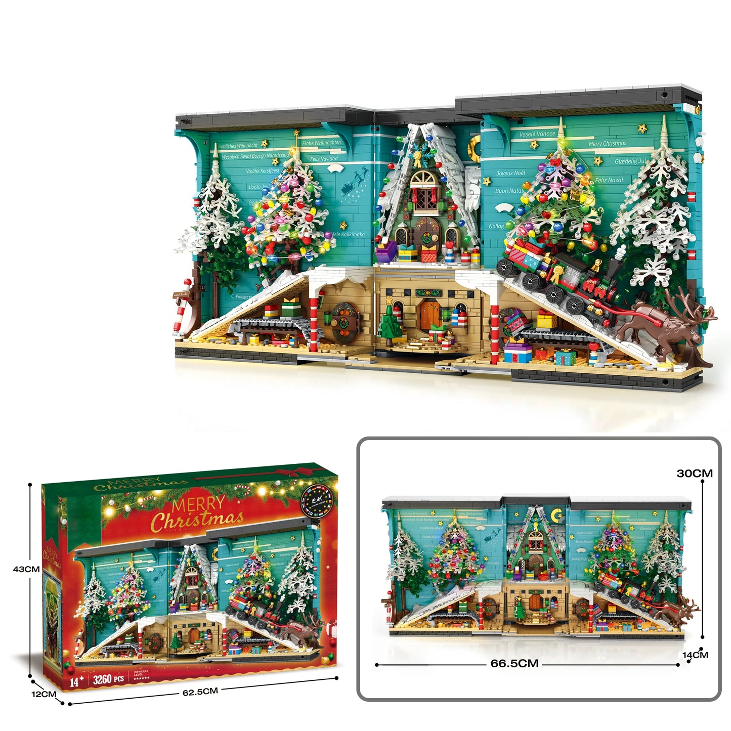 Christmas Bookends Building Blocks,3260 PCS DIY Christmas Tree Elk  Book Nook Blocks Set with LED Light, Gift for Adults 6+ Kids