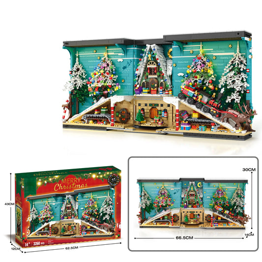 Christmas Bookends Building Blocks,3260 PCS DIY Christmas Tree Elk  Book Nook Blocks Set with LED Light, Gift for Adults 6+ Kids