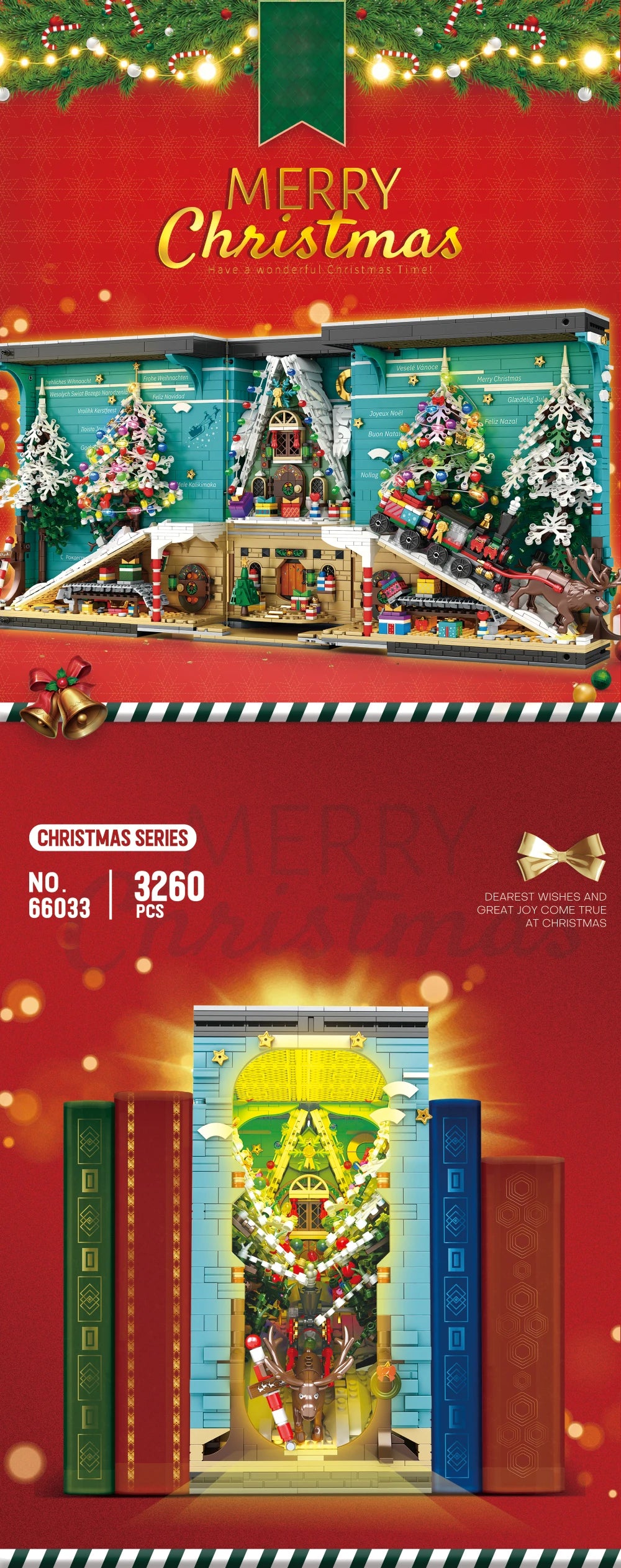 Christmas Bookends Building Blocks,3260 PCS DIY Christmas Tree Elk  Book Nook Blocks Set with LED Light, Gift for Adults 6+ Kids