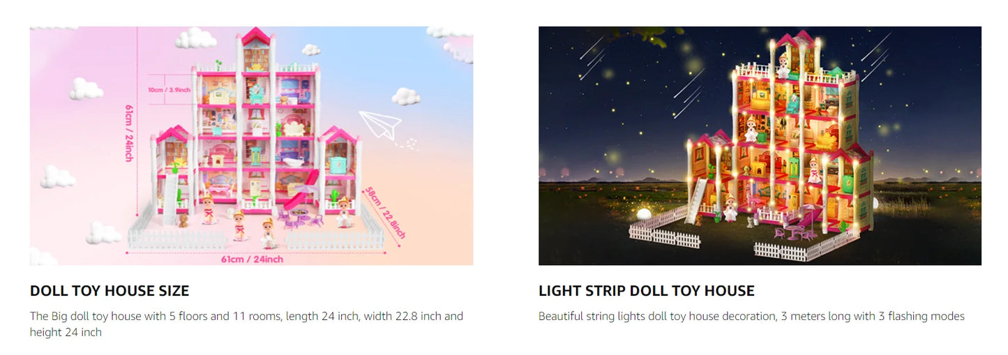 VATOS Pink Dollhouse for Girls 5 Story 17 Rooms Luxury DIY Play Light-up Building House Dolls Toy Dream Christmas Birthday Gifts