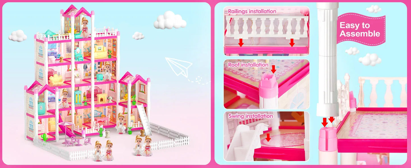 VATOS Pink Dollhouse for Girls 5 Story 17 Rooms Luxury DIY Play Light-up Building House Dolls Toy Dream Christmas Birthday Gifts
