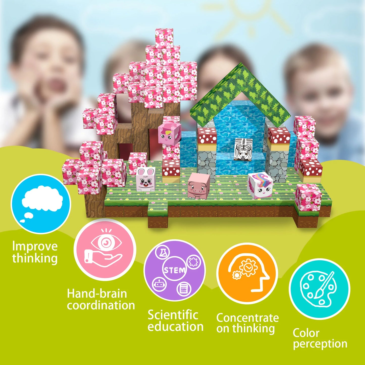 107PCS Sakura Magnetic Building Blocks Set with Cute Animals, Cherry Blossom Themed STEM Toys for Kids Ages 3-8, Educational Con