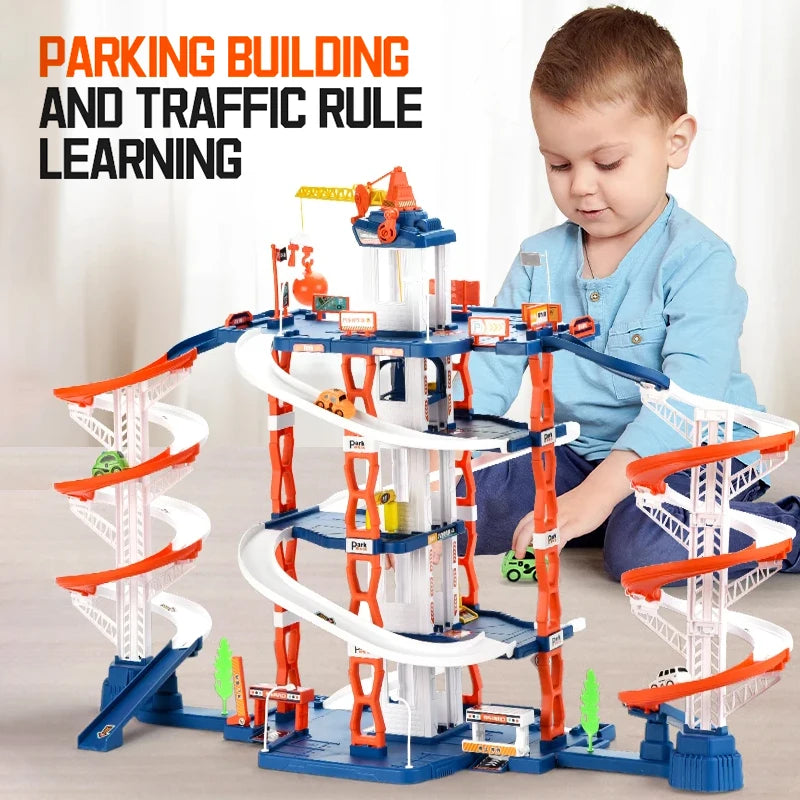 Diy Track Parking Lot Toys Children's Parking Building Toy Railcar Vehicle Models Toy with Double Slide Boys Girls Birthday Gift
