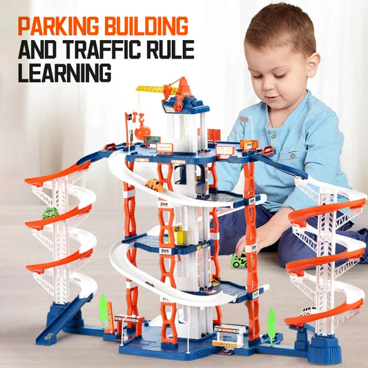 Diy Track Parking Lot Toys Children's Parking Building Toy Railcar Vehicle Models Toy with Double Slide Boys Girls Birthday Gift