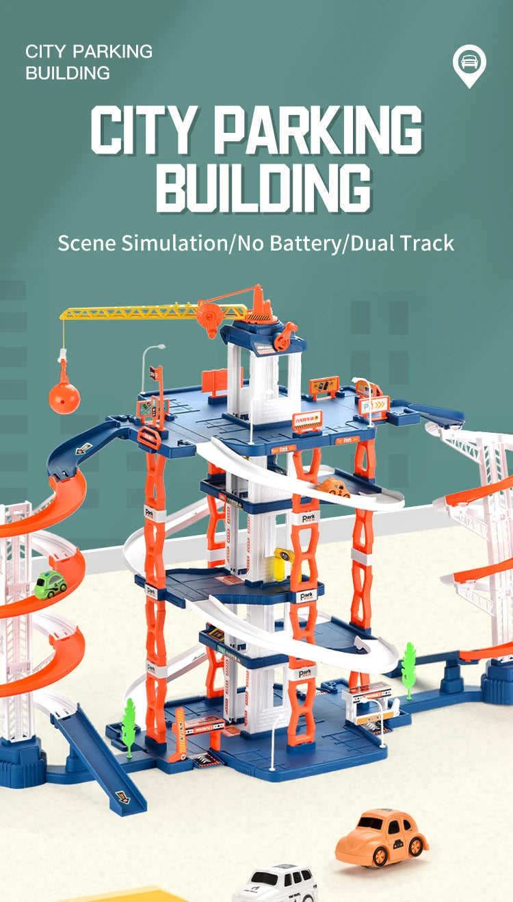 Diy Track Parking Lot Toys Children's Parking Building Toy Railcar Vehicle Models Toy with Double Slide Boys Girls Birthday Gift