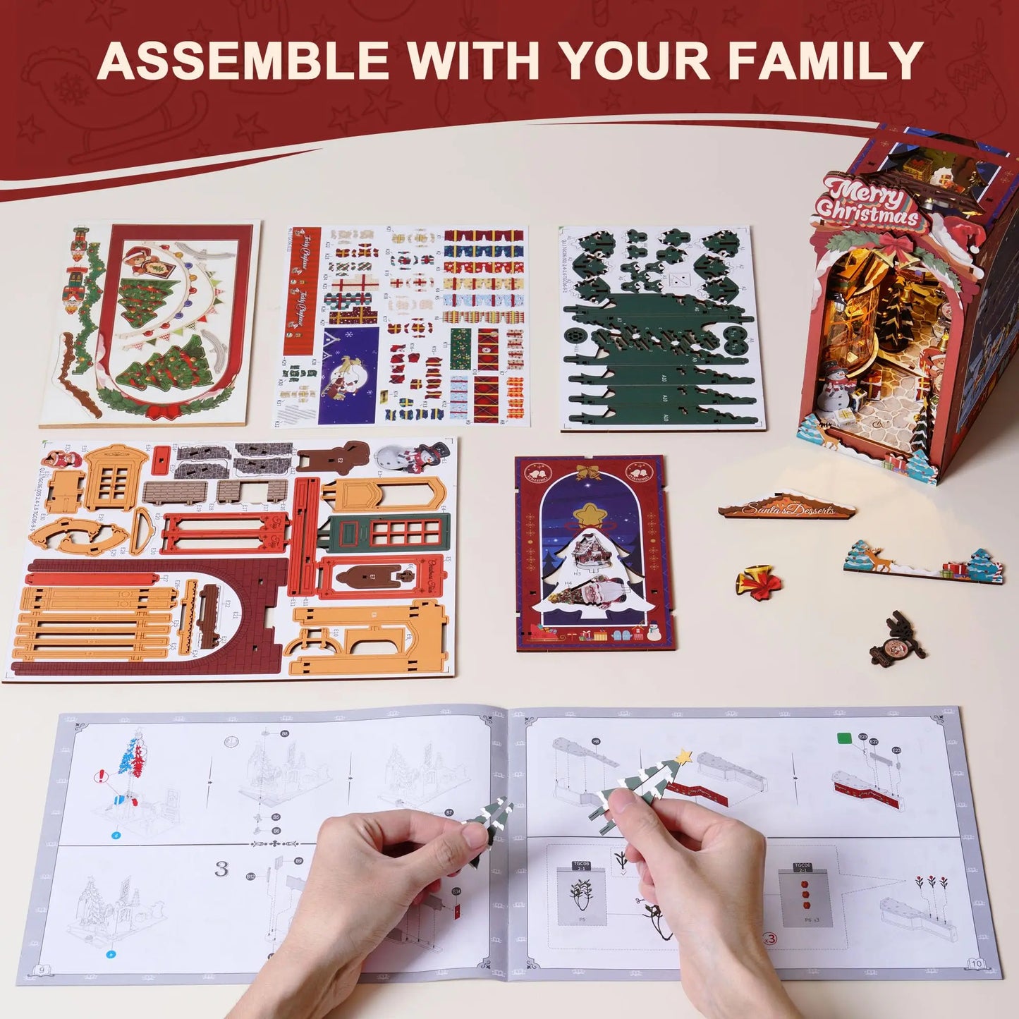 Robotime Rolife Book Nook Kit with LED Light 3D Wooden Puzzle Booknook Book Shelf Decoration DIY Miniature Christmas House