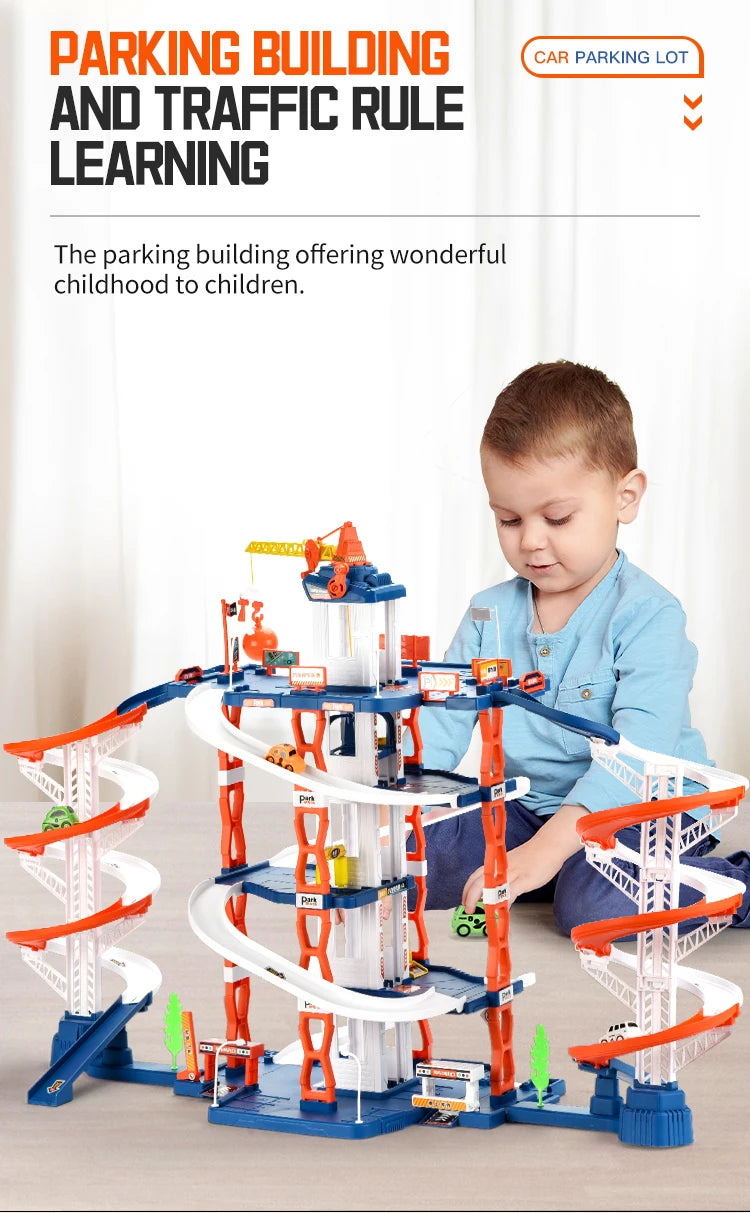 Diy Track Parking Lot Toys Children's Parking Building Toy Railcar Vehicle Models Toy with Double Slide Boys Girls Birthday Gift