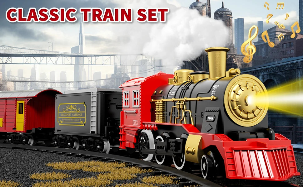 Electric Train Set for Kids Boys and Girls, Classic Christmas Train Toys, Steam Locomotive Engine, Lights & Sound, Tracks