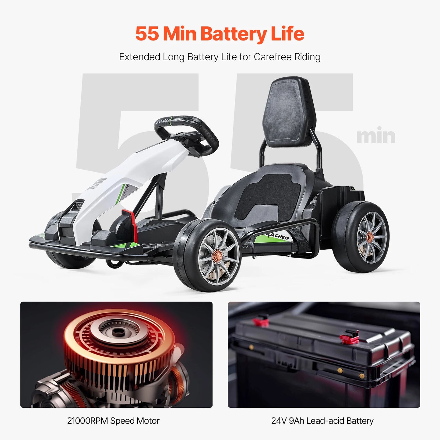 SucceBuy 24V 9Ah Electric Pedal Go Kart Portable Outdoor Race Toy with 200W Motor Adjustable Speed & Brake for Kids Play Toys