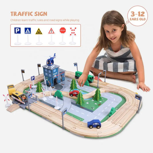 108 Pcs Kids Road Train Track Toy Set, Easily Connected Different Tracks Railway Toys, Polished Wooden Children Train Toy for En