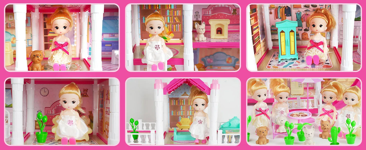 VATOS Pink Dollhouse for Girls 5 Story 17 Rooms Luxury DIY Play Light-up Building House Dolls Toy Dream Christmas Birthday Gifts