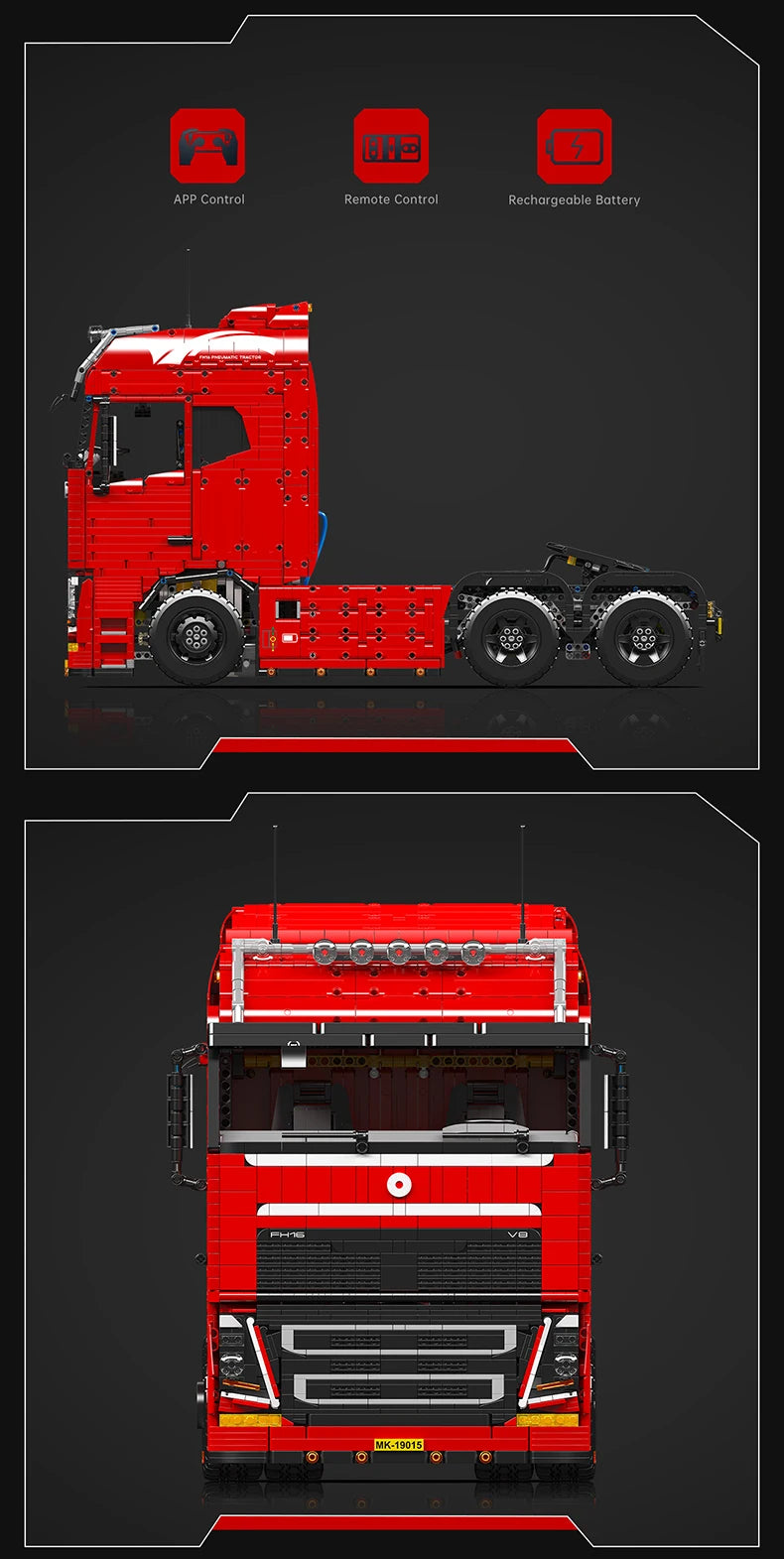 Mould King 19015 Technical Truck Toys The Remote Control FH16 Pneumatic Tractor Building Block Assembly Car Brick Set Kids Gift