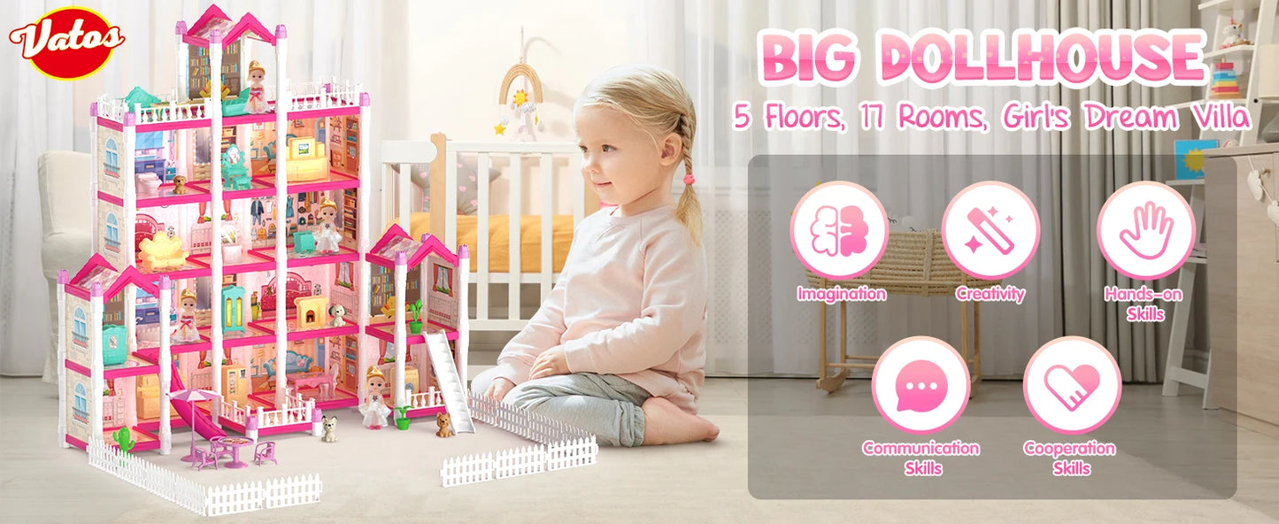 VATOS Pink Dollhouse for Girls 5 Story 17 Rooms Luxury DIY Play Light-up Building House Dolls Toy Dream Christmas Birthday Gifts