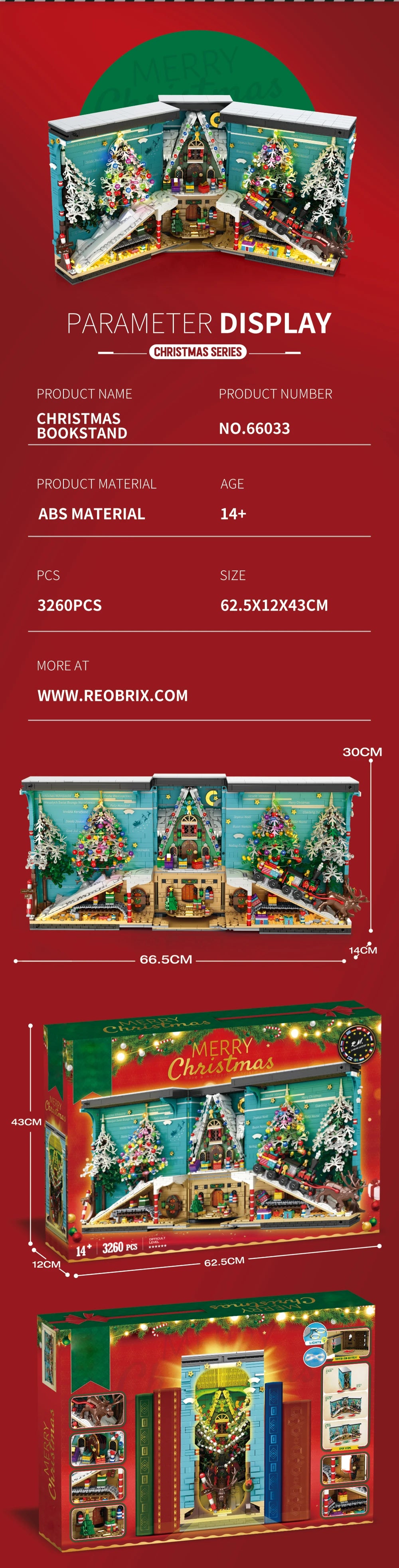 Christmas Bookends Building Blocks,3260 PCS DIY Christmas Tree Elk  Book Nook Blocks Set with LED Light, Gift for Adults 6+ Kids