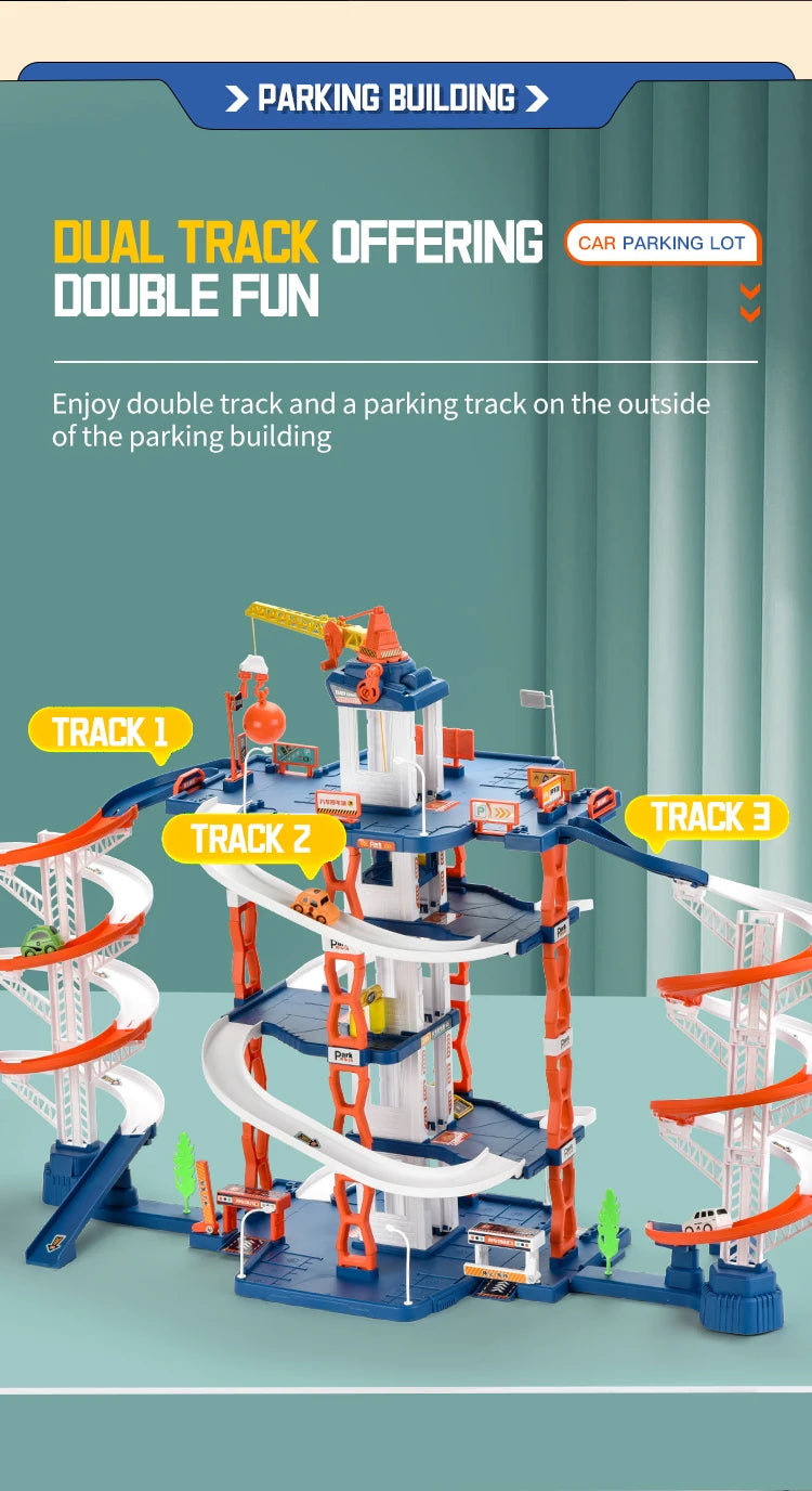 Diy Track Parking Lot Toys Children's Parking Building Toy Railcar Vehicle Models Toy with Double Slide Boys Girls Birthday Gift