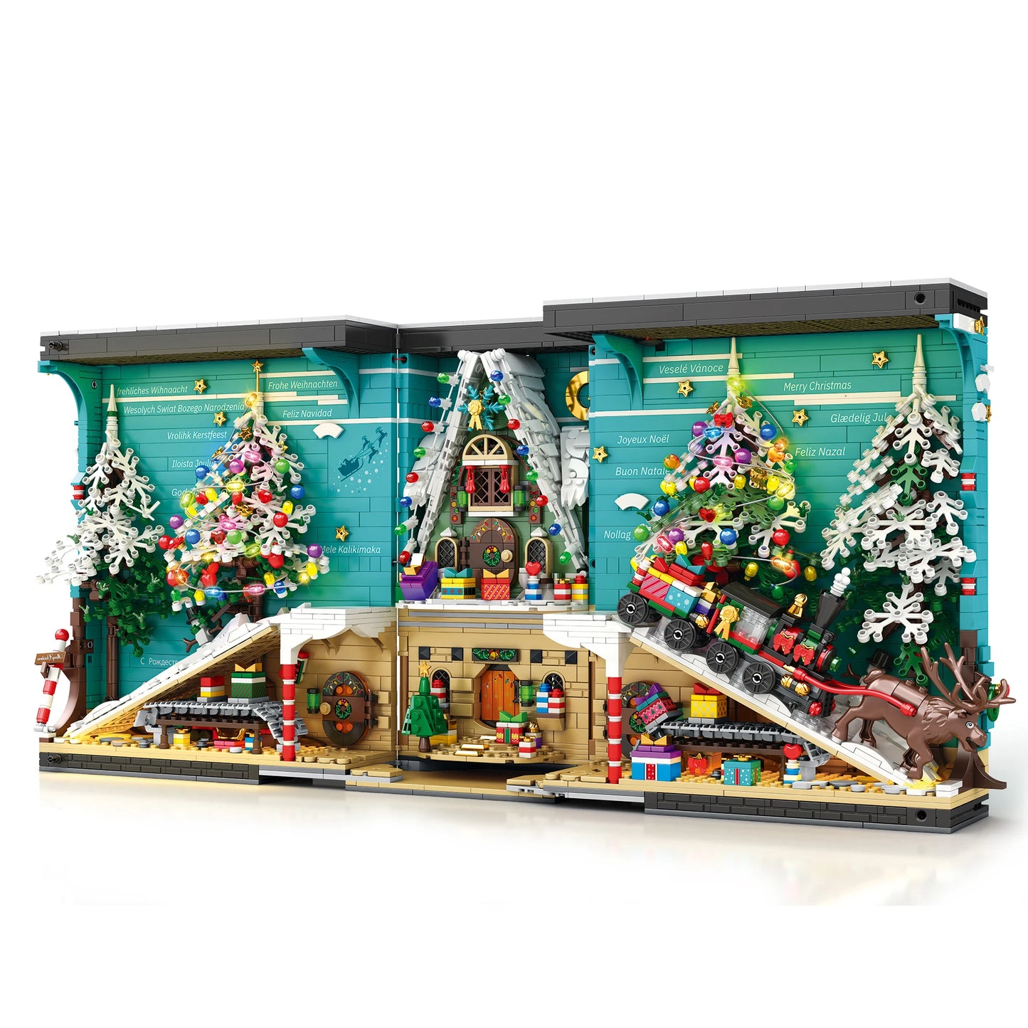Christmas Bookends Building Blocks,3260 PCS DIY Christmas Tree Elk  Book Nook Blocks Set with LED Light, Gift for Adults 6+ Kids