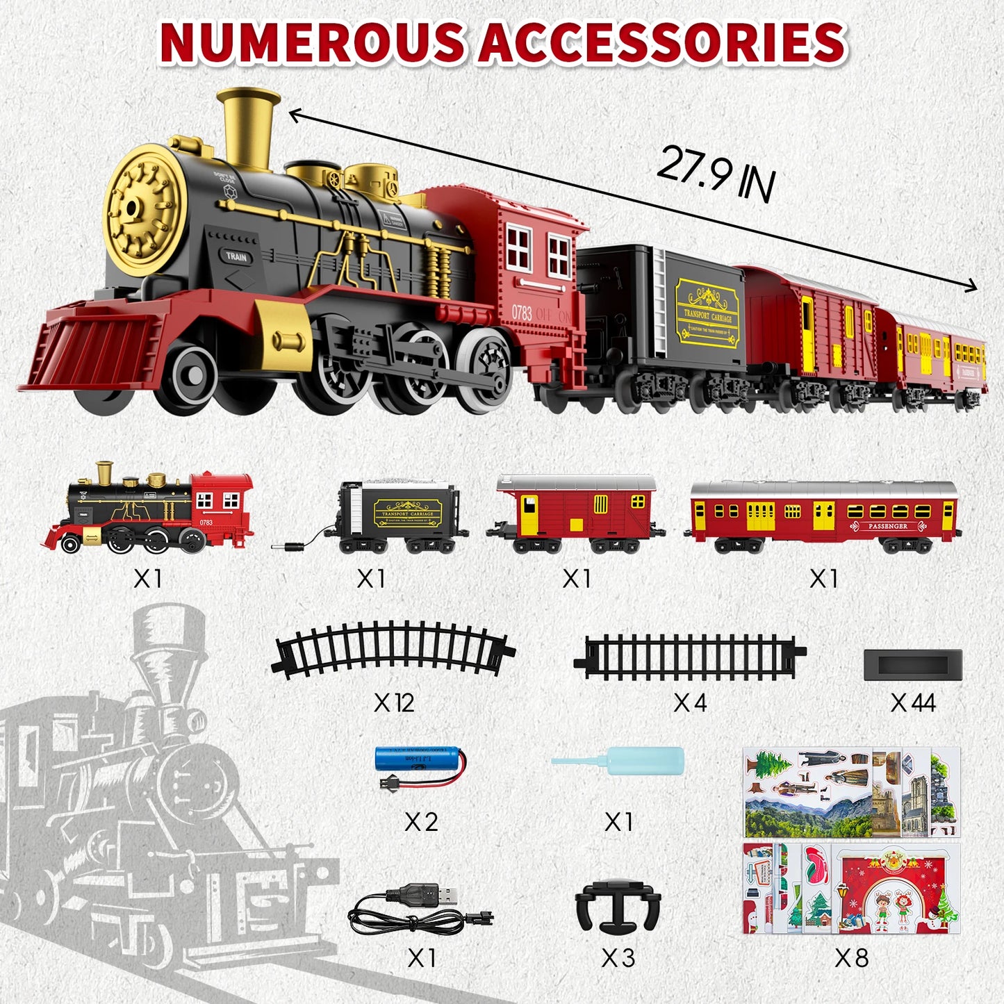 Electric Train Set for Kids Boys and Girls, Classic Christmas Train Toys, Steam Locomotive Engine, Lights & Sound, Tracks