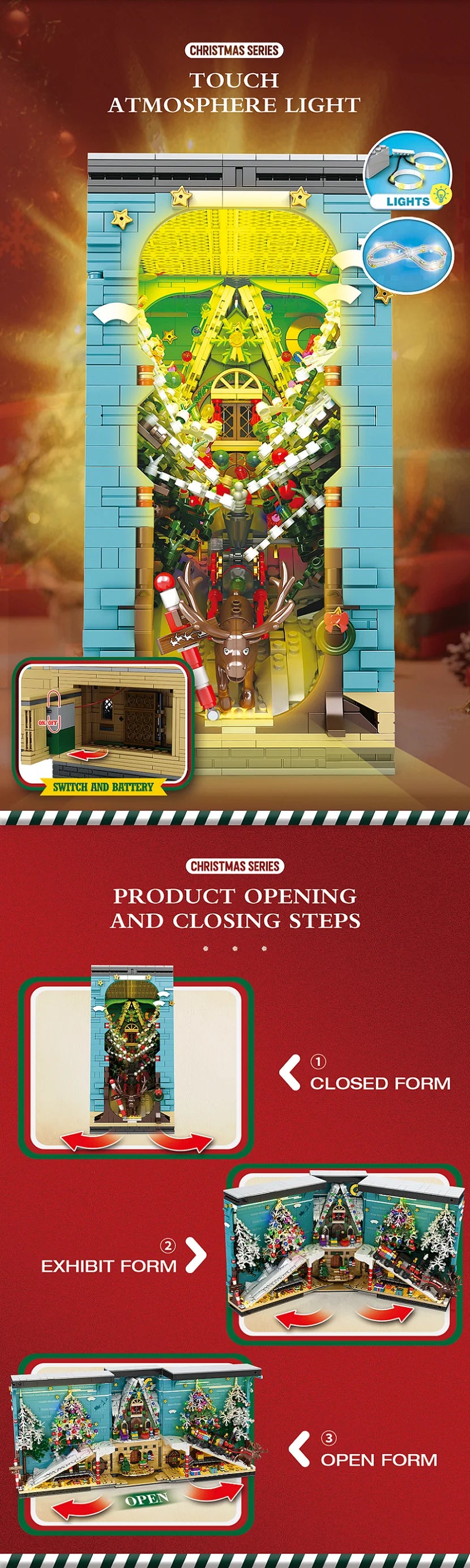 Christmas Bookends Building Blocks,3260 PCS DIY Christmas Tree Elk  Book Nook Blocks Set with LED Light, Gift for Adults 6+ Kids