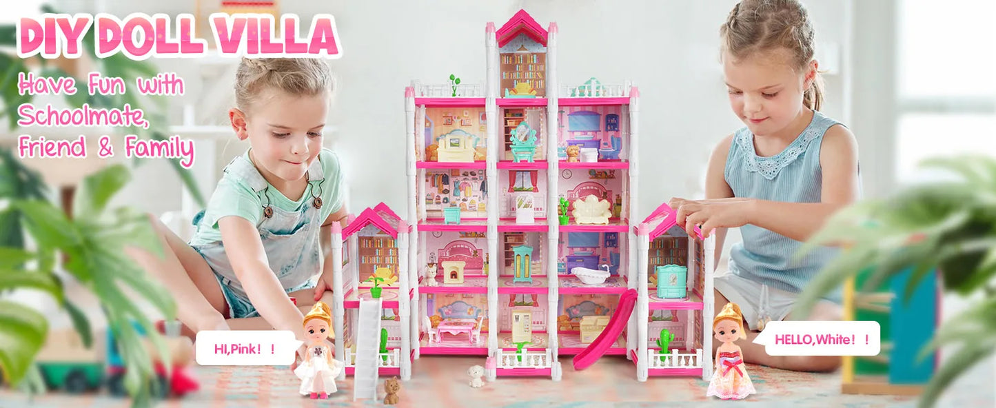 VATOS Pink Dollhouse for Girls 5 Story 17 Rooms Luxury DIY Play Light-up Building House Dolls Toy Dream Christmas Birthday Gifts