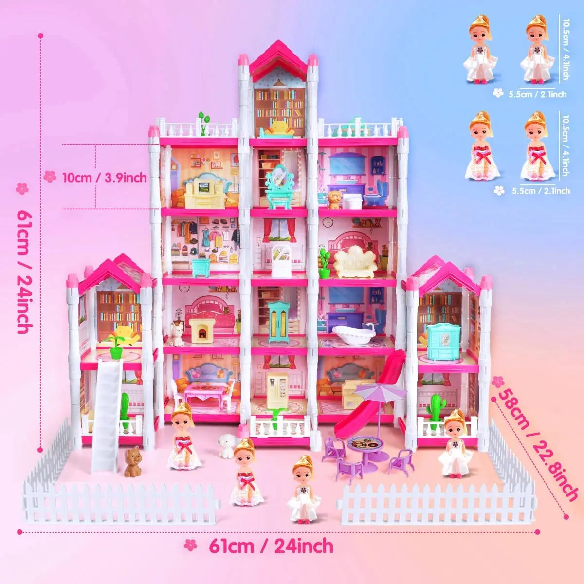 VATOS Pink Dollhouse for Girls 5 Story 17 Rooms Luxury DIY Play Light-up Building House Dolls Toy Dream Christmas Birthday Gifts