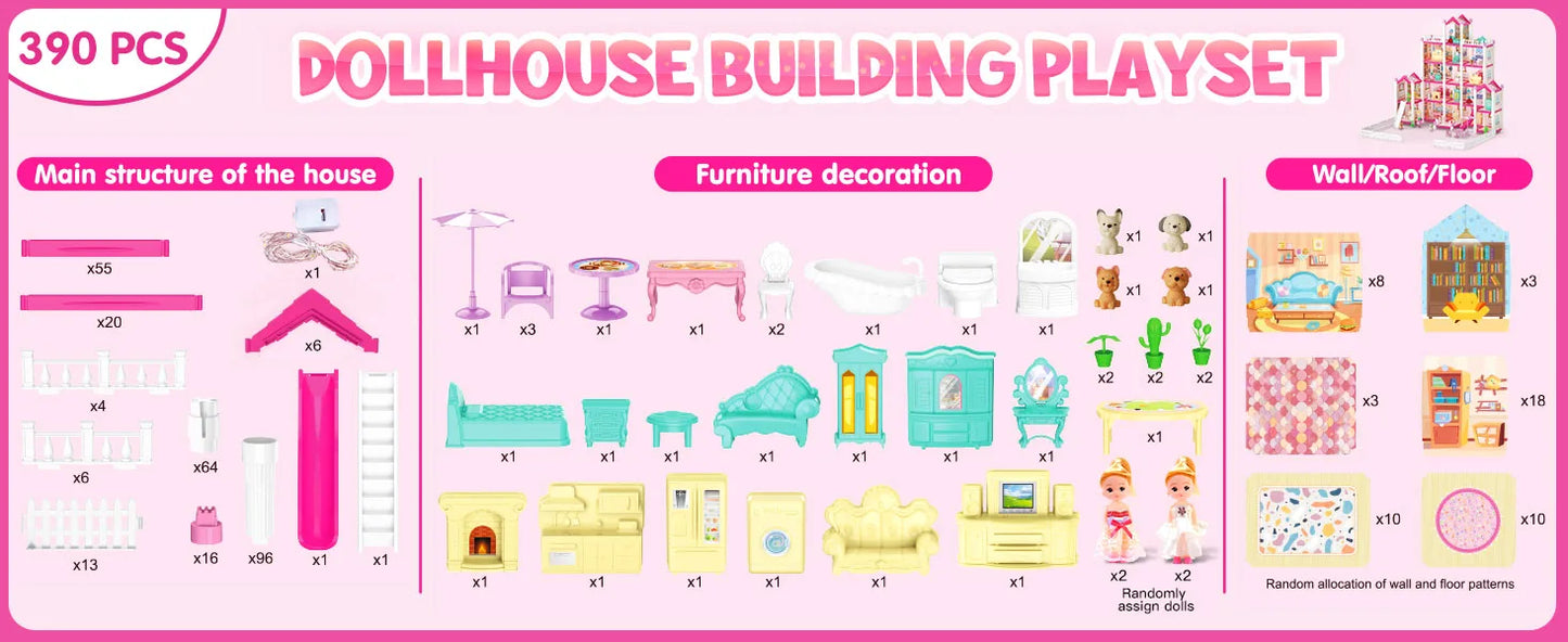 VATOS Pink Dollhouse for Girls 5 Story 17 Rooms Luxury DIY Play Light-up Building House Dolls Toy Dream Christmas Birthday Gifts