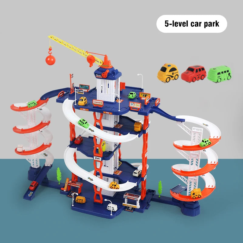 Diy Track Parking Lot Toys Children's Parking Building Toy Railcar Vehicle Models Toy with Double Slide Boys Girls Birthday Gift