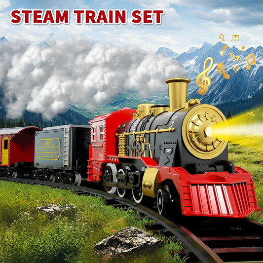 Electric Train Set for Kids Boys and Girls, Classic Christmas Train Toys, Steam Locomotive Engine, Lights & Sound, Tracks