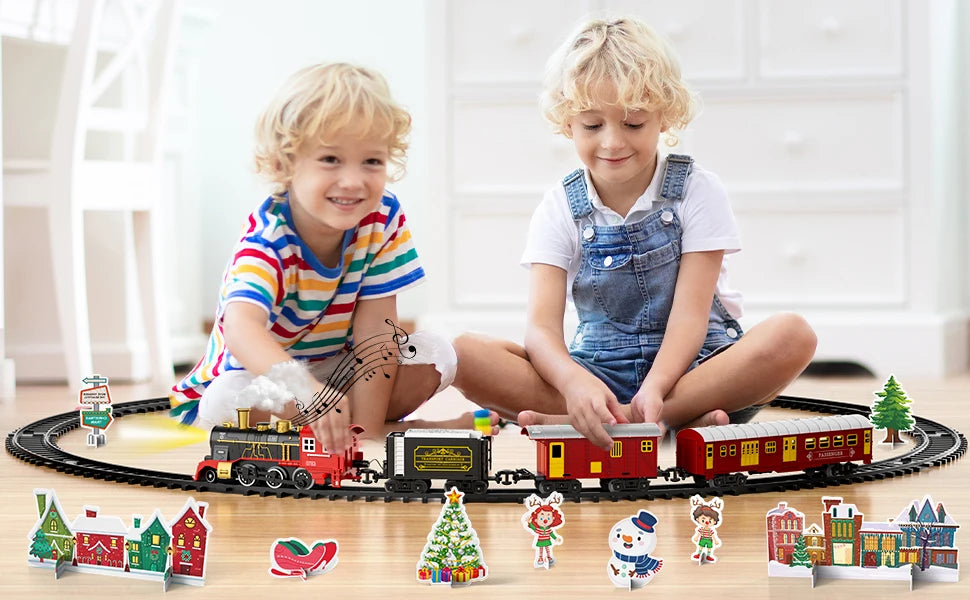 Electric Train Set for Kids Boys and Girls, Classic Christmas Train Toys, Steam Locomotive Engine, Lights & Sound, Tracks