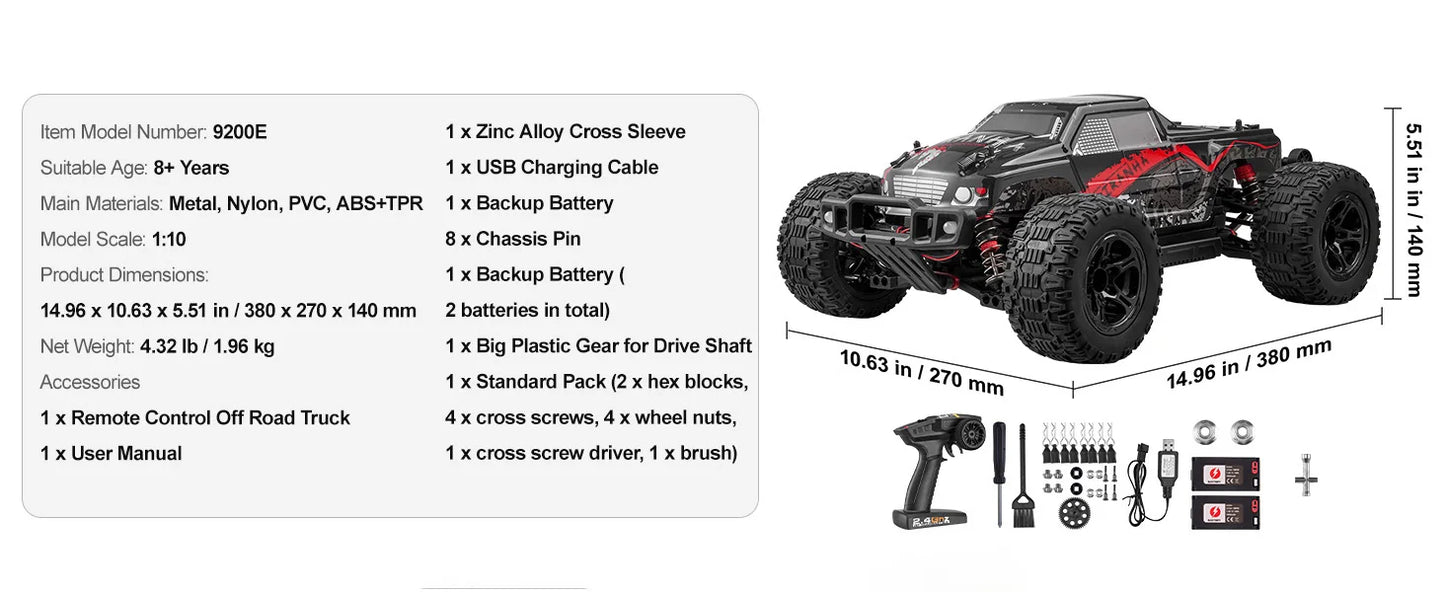 SucceBuy 1:10 38KM/H 4WD RC Car All Terrain Off-Road with 2 Batteries Drift Monster Truck Children Toys for Kids Christmas Gifts