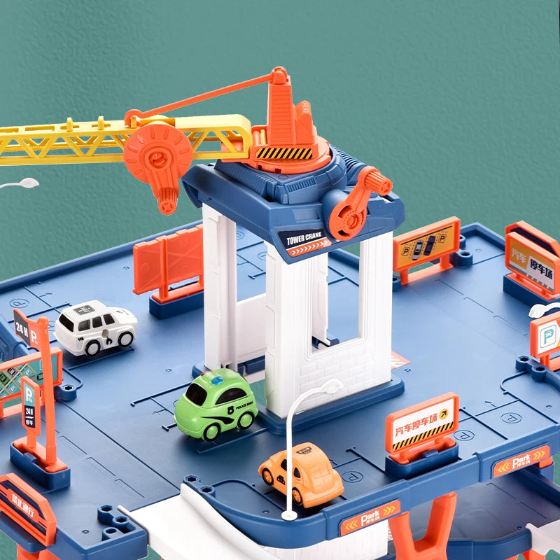 Diy Track Parking Lot Toys Children's Parking Building Toy Railcar Vehicle Models Toy with Double Slide Boys Girls Birthday Gift