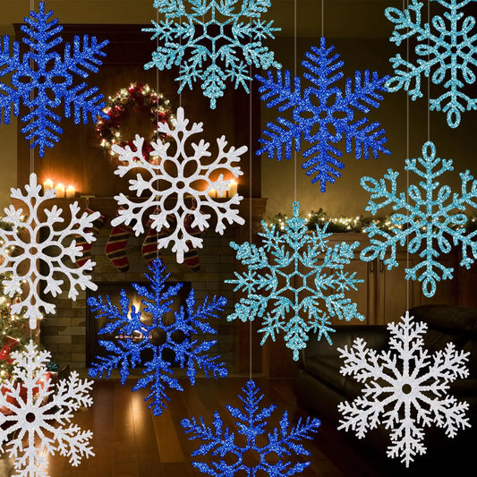 24 Pcs 11.8 Large Snowflake Decorations – Giant Hanging Snowflakes Plastic Snowflakes for Indoor & Outdoor Christmas Decor Porch & Tree Decorations (White Blue Dark Blue)