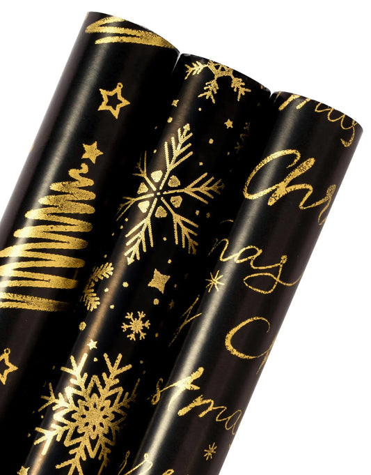 Elegant Black & Gold Christmas Wrap - 3 Mini Rolls