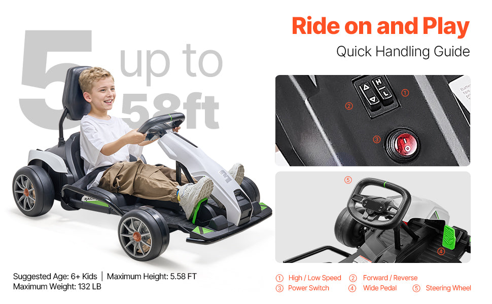 SucceBuy 24V 9Ah Electric Pedal Go Kart Portable Outdoor Race Toy with 200W Motor Adjustable Speed & Brake for Kids Play Toys